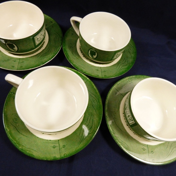 VTG by Royal China Colonial Homestead green lot of 4 tea cup & saucer sets - Picture 5 of 11